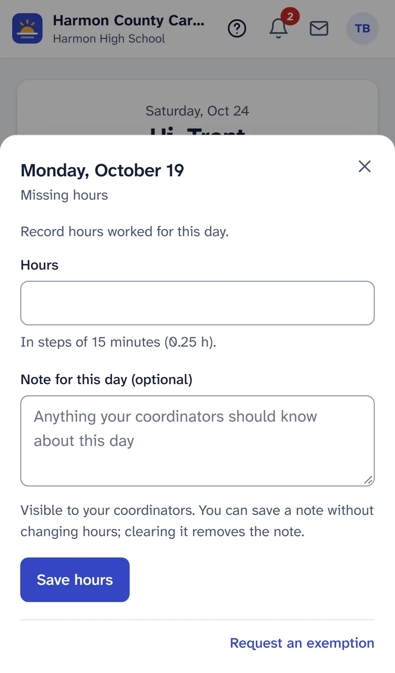 The day sheet for Monday, October 19, with an hours field, an optional note, and a Save hours button.