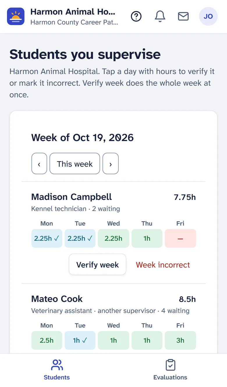 Supervisor view on a phone: cards for each student with Monday through Friday hours and a Verify week button.